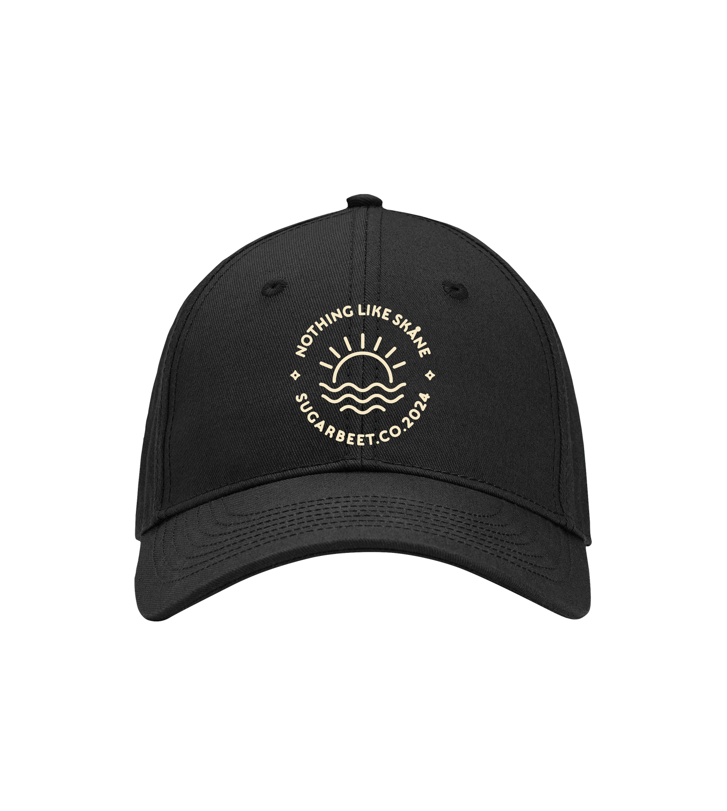 Hållbar unisex svart baseball keps med ‘Nothing like Skåne’ tryck – inspirerad av Skånes streetwear och kultur, från Sugarbeet.