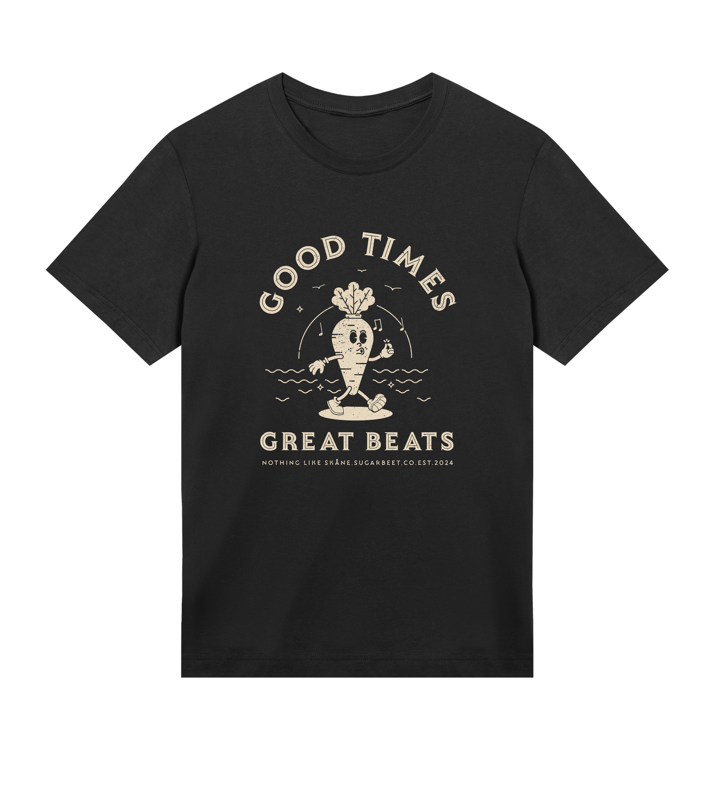 Hållbar svart t-shirt med ‘Good Times, Great Beats’ tryck – inspirerad av Skånes streetwear och kultur, från Sugarbeet