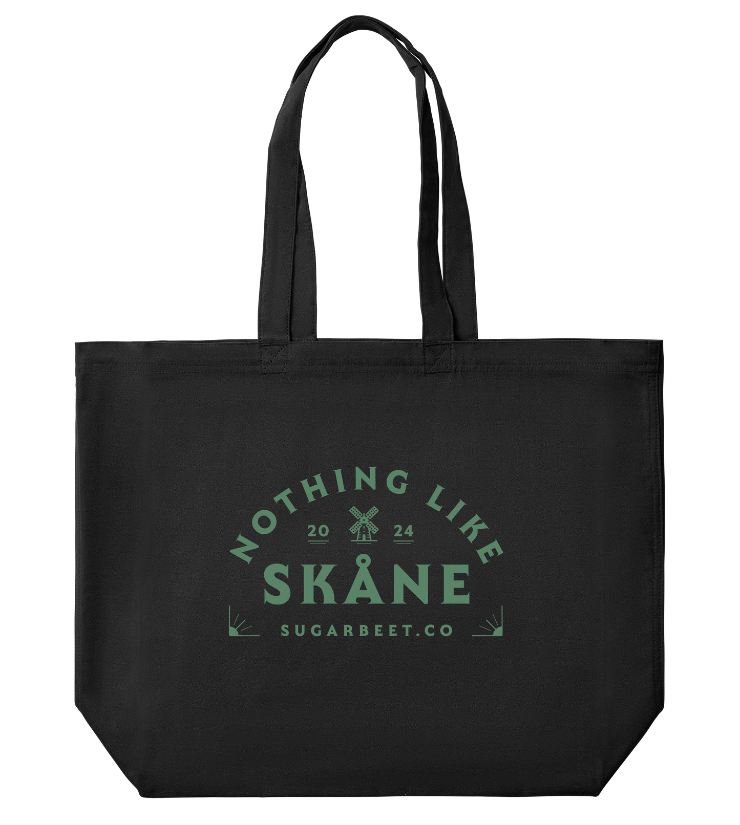 Svart hållbar tote bag med ‘Nothing like Skåne’ tryck – mångsidig väska från Sugarbeet, inspirerad av Skånes streetwear och kultur.